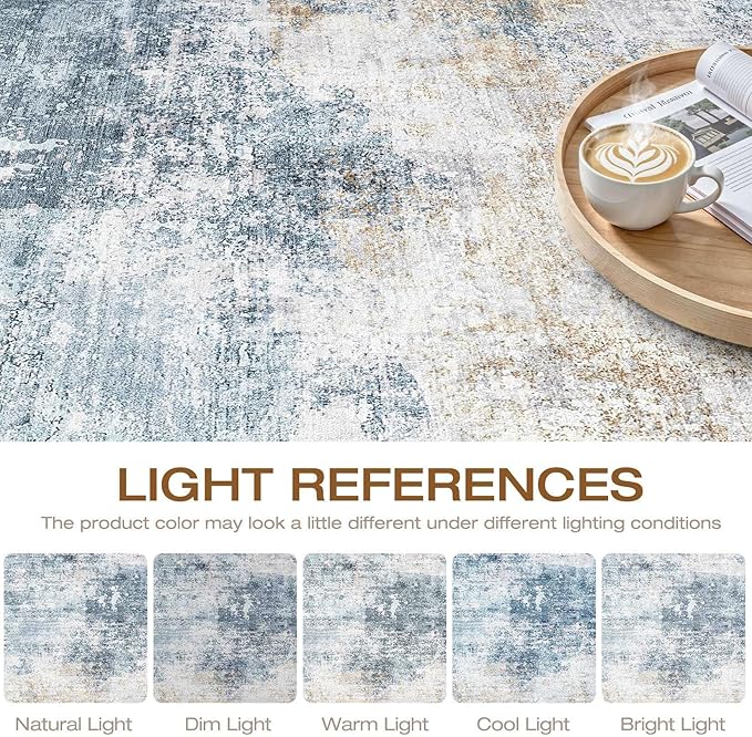 10x13 Area Rug Living Room: Washable Large Neutral Rug Abstract Soft Modern Stain Resistant Indoor Floor Non-Slip Carpet for Bedroom Nursery Kids Office Playroom Dining Room Under Table- Blue Gold