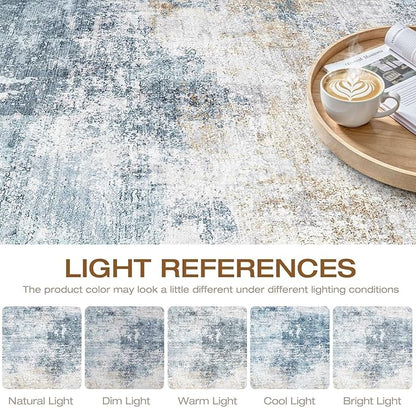 5x7 Area Rug Living Room: Washable Large Neutral Rug Abstract Soft Modern Stain Resistant Indoor Floor Non-Slip Carpet for Bedroom Nursery Kids Office Playroom Dining Room Under Table- Blue Gold