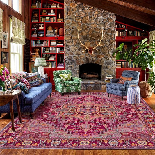 Kokia 9x12 Washable Magenta Hot Pink Area Rugs with Vintage Orient Design, Soft Rug for Living Room or Bedroom, Non-Slip Low Pile Stain Resistance Features, Distressed Medallion Pattern