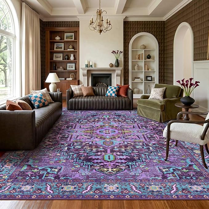 Kokia 10x14 Washable Violet Purple Area Rugs with Vintage Orient Design, Soft Rug for Living Room or Bedroom, Non-Slip Low Pile Stain Resistance Features, Distressed Medallion Pattern