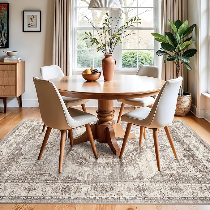 Washable Area Rugs 5x6 Entryway: Soft Ultra Thin Low Pile Mat Machine Washable Indoor Doormat Lightweight Entry Rug Anti Slip Backing Rugs for Living Room Bedroom Kitchen 5'x6' Beige