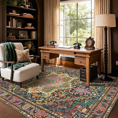 Kokia 6x9 Washable Black and Pink Area Rugs with Vintage Orient Design Soft Rug for Living Room or Home Office Non-Slip Low Pile Stain Resistance Features Distressed Medallion Pattern