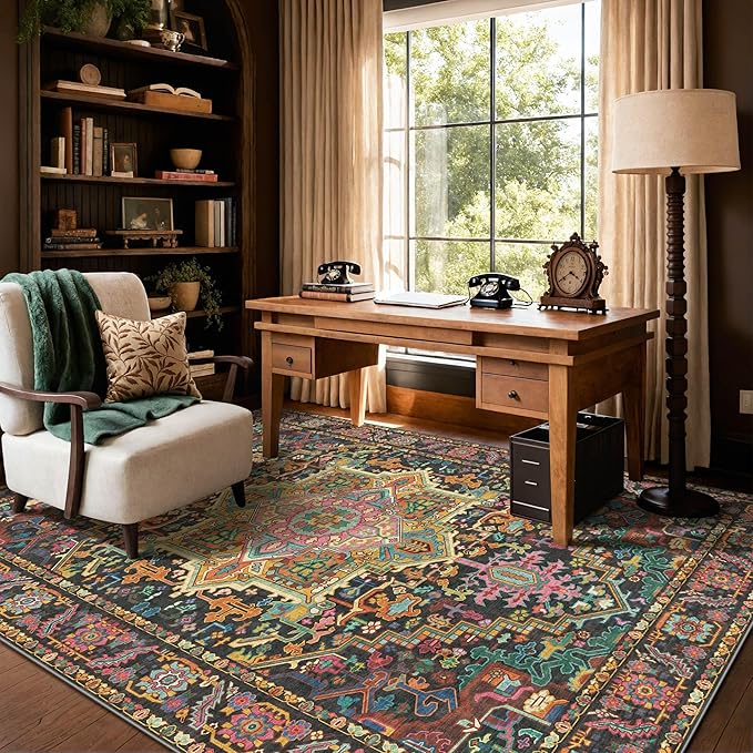 Kokia 4x6 Washable Black and Pink Area Rugs with Vintage Orient Design, Soft Rug for Living Room or Bedroom, Non-Slip Low Pile Stain Resistance Features, Distressed Medallion Pattern
