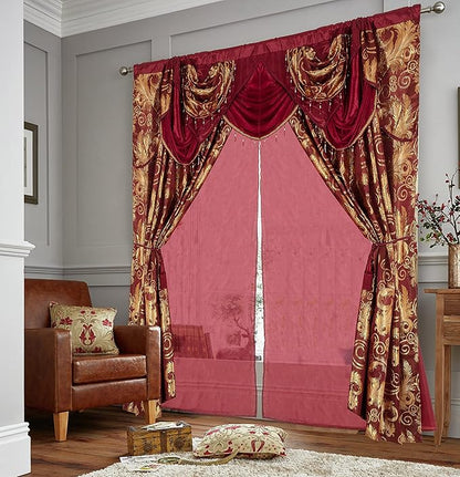 GLORY RUGS Jacquard Luxury Window 2 Panel Set Burgundy Gold Curtain with Attached Valance and Backing Bedroom Living Room Dining 2 Curtains 55x84 inches Each Jana