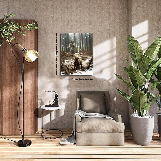 Jesus Christian Wall Art, Jesus Saves the Lost Lamb Canvas Wall Decor, Religion Canvas Art Wall Decor Posters Paintings Prints for Living Room, Bedroom, Prayer Room, Framed 16x24 inch