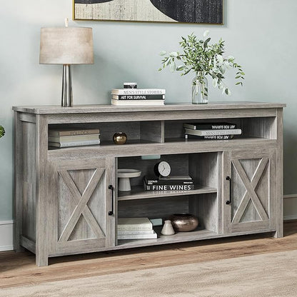 BELLEZE Modern 58 Inch Barn Door Wood TV Stand & Media Entertainment Center Console Table for TVs up to 65 Inches with Two Open Shelves and Cabinets - Corin (Gray Wash)