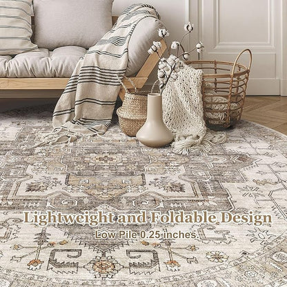 8x8 Round Area Rugs Washable Vintage - Soft Traditional Rugs for Living Room Large Non Slip Backing with Low Pile Farmhouse Oriental Retro Carpet for Bedroom Dining Room or Home Office - Light Brown