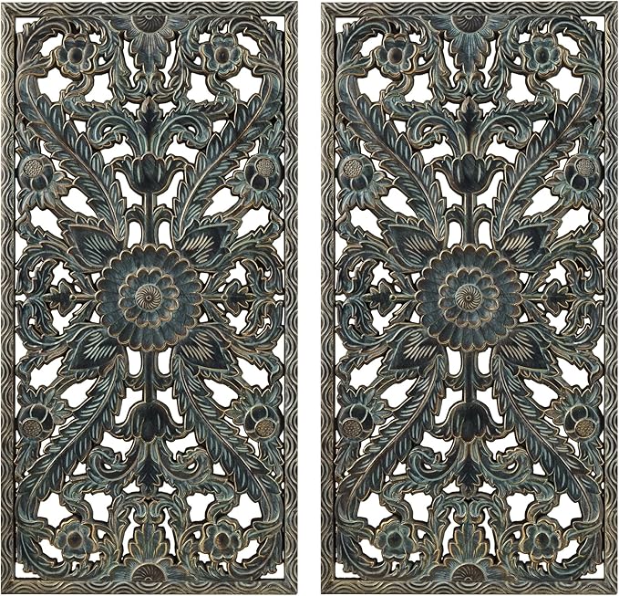 Madison Park Wall Art Living Room Décor - Floral Antiqued Wooden Carving Wall Decor Panel, Copper Embellished, Ready to Hang Wall Decor for Bedroom, 15.75"W x 31.5"L x 0.59"D, Patina Blue, 2 Piece