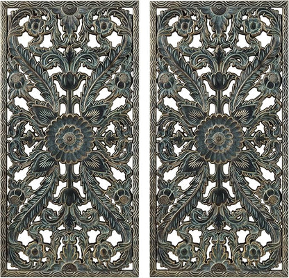 Madison Park Wall Art Living Room Décor - Floral Antiqued Wooden Carving Wall Decor Panel, Copper Embellished, Ready to Hang Wall Decor for Bedroom, 15.75"W x 31.5"L x 0.59"D, Patina Blue, 2 Piece