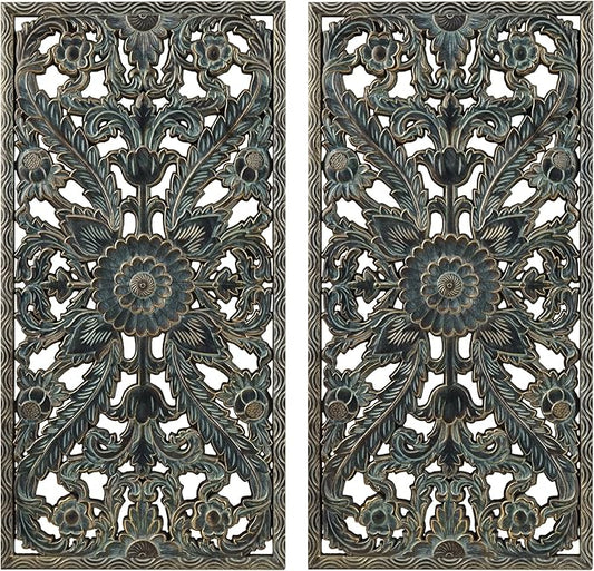 Madison Park Wall Art Living Room Décor - Floral Antiqued Wooden Carving Wall Decor Panel, Copper Embellished, Ready to Hang Wall Decor for Bedroom, 15.75"W x 31.5"L x 0.59"D, Patina Blue, 2 Piece