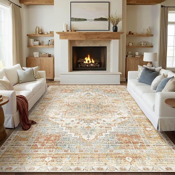 Kokia Washable Area Rugs 10x14 Living Room Boho Non Slip Thin Carpet Stain Resistant Vintage Orange Printed Oriental Distressed Rug for Bedroom Low Pile