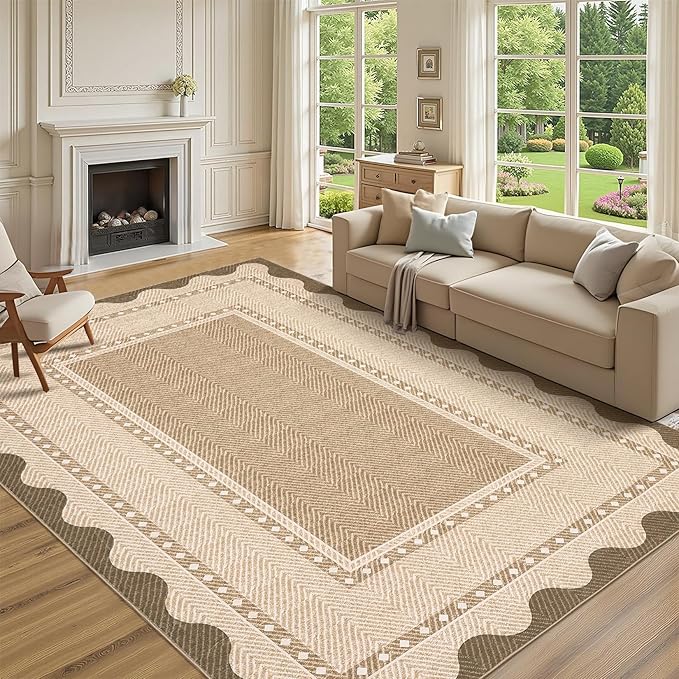 GarveeHome Modern Neutral 9x12 Area Rug Large Washable Rugs for Living Room, Low Pile Non Slip Stain-Resistant Soft Carpet, Contemporary Border Pattern Floor Mats for Home Decor, Linen Color