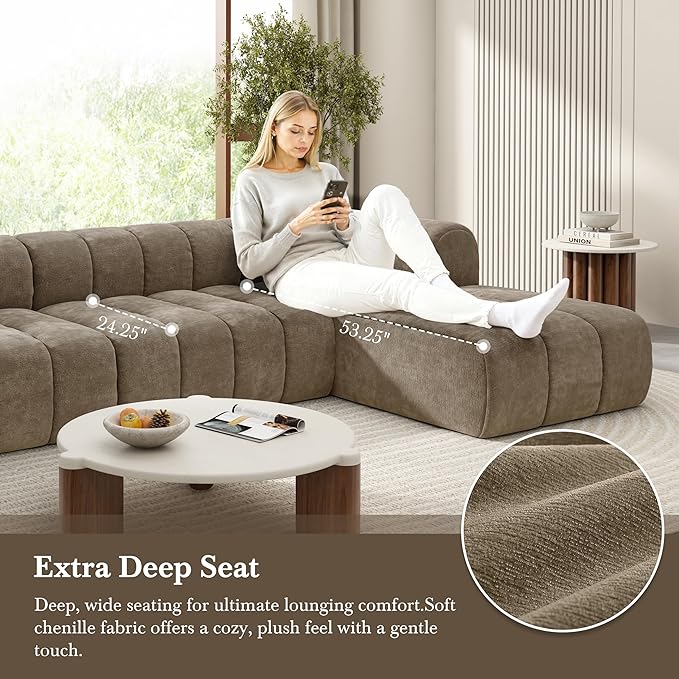 Christopher Knight Home Mania 122" Modular L-Shape Sofa Couch with Chaise Lounge, Modern Sectional Sofa Set for Living Room, Boucle Fabric Upholstered Cloud Couch with Deep Seat, Brown
