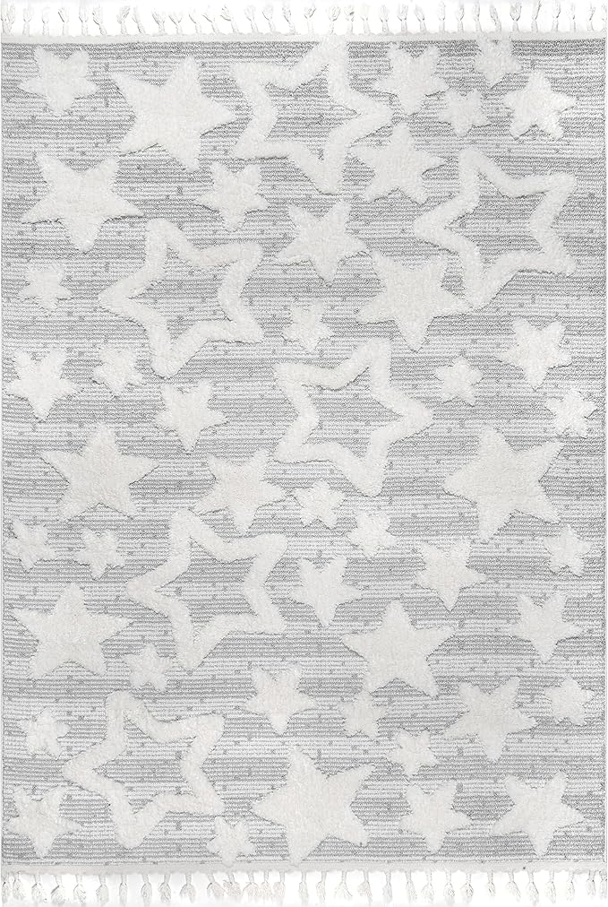 Nuloom Raven Light Grey/Ivory, 4' x 6', Modern Stars, High Low, Shag, Tassel, Soft and Plush, High Traffic, Stain Resistant, Easy Clean, Durable Area Rug for Bedroom, Living Room, Dining, Den, Foyer