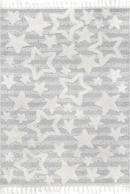 Nuloom Raven Light Grey/Ivory, 4' x 6', Modern Stars, High Low, Shag, Tassel, Soft and Plush, High Traffic, Stain Resistant, Easy Clean, Durable Area Rug for Bedroom, Living Room, Dining, Den, Foyer