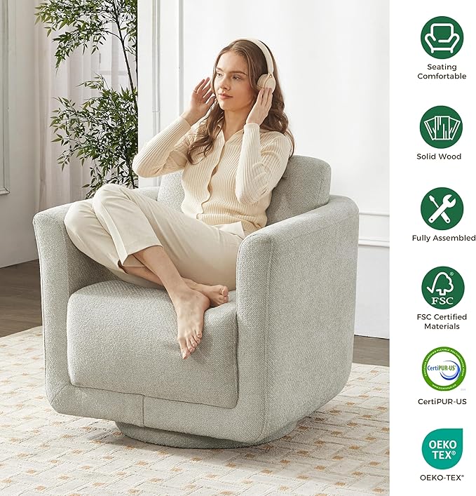 Swivel Accent Chair, 360° Barrel Swivel Lounge Seat with Thick Cushion, Modern Upholstered Single Sofa for Living Room, Bedroom and Reading Nook, Cozy Seating for Small Spaces, Cream (Gray)