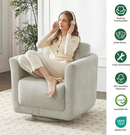 Swivel Accent Chair, 360° Barrel Swivel Lounge Seat with Thick Cushion, Modern Upholstered Single Sofa for Living Room, Bedroom and Reading Nook, Cozy Seating for Small Spaces, Cream (Gray)