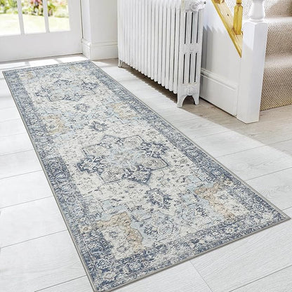 GENIMO Runner Rug 2'6''x10, Non Slip Vintage Hallway Runner Rugs, Low Pile Lightweight Machine Washable Mat for Hallway, Entryway, Bedroom, Kitchen and Corridor, Blue
