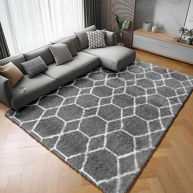 ONASAR Area Rugs for Living Room Bedroom, 5x8 Fluffy Grey and White Rug, Geometric Boho Soft Plush Shaggy Fuzzy Floor Carpet for Nursery Kids Girls Boys Teen Dorm Home Decor Aesthetic