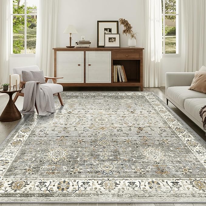 5x7 Area Rugs-Stain Resistant Washable Rugs for Living Room,Bedroom,Non Slip Backing Area Rug, Vintage Home Decor Rug (Ivory/Grey,5'x7')