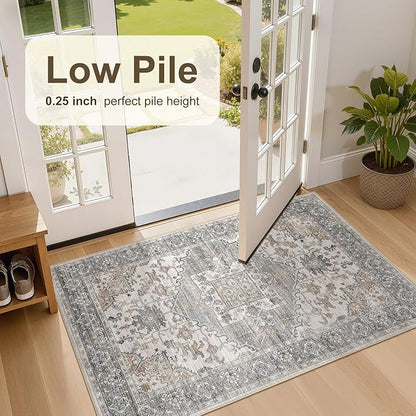 3x5 Washable Area Rugs for Living Room: Non Slip Vintage Gray Brown Rug, Large Soft Stain Resistant Indoor Floor Carpets for Bedroom Dining Room Nursery Home Office Kid & Pet Friendly