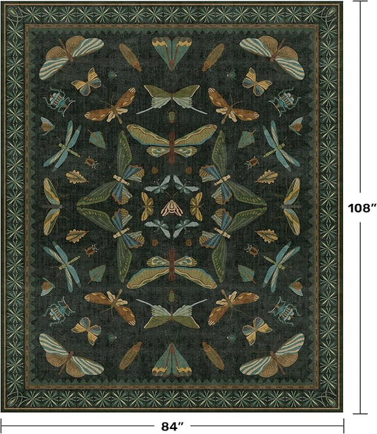 Hazo Haus 7x9 Insect Dark Green Rugs for Living Room, Boho & Forest Design Area Rug for Dining Room Under Table, Bedroom, Unique Washable Floral Non Slip Low Pile Soft Rug