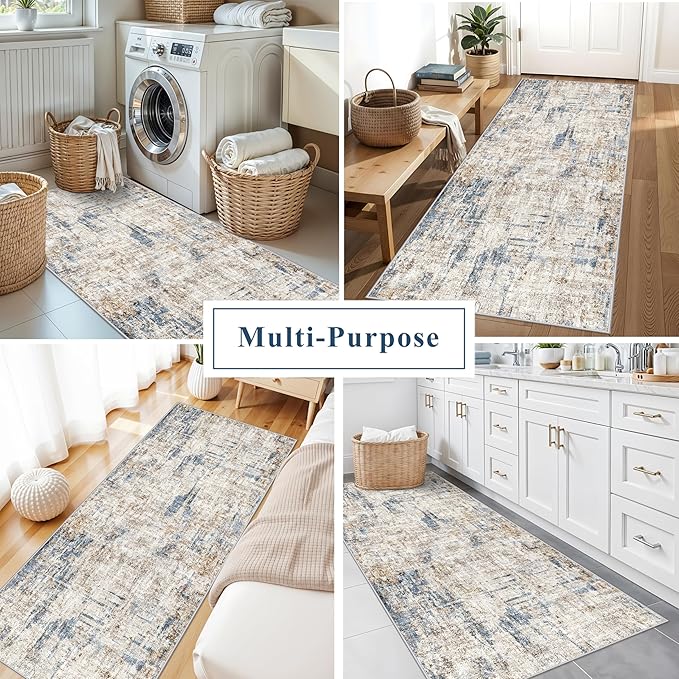 3x8 Washable Non-Slip Runner Rug – Modern Abstract Neutral Wide Carpet Runner for Kitchen, Hallway, Entryway, Bathroom, Bedroom – Low-Pile Thin Floor Mat with Rubber Backing (Blue Brown)