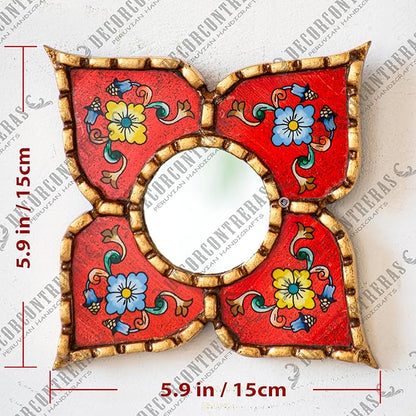 Handmade Peruvian Mirror - Reverse Painted Glass Mirror - Square or Diamond Shaped Wall Mirror with Bronze Leaf - Small Mirrors for Gallery Wall (Red)