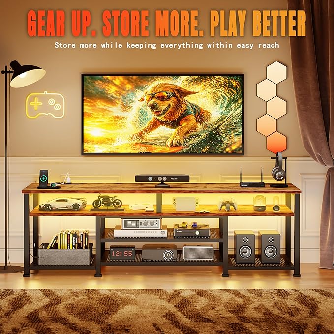Korfile TV Stand for 65/75/80 inch TV, 71 in Entertainment Center with LED Lights and Power Outlets, TV Console Table with Open Shelves for Living Room and Bedroom, Rustic Brown
