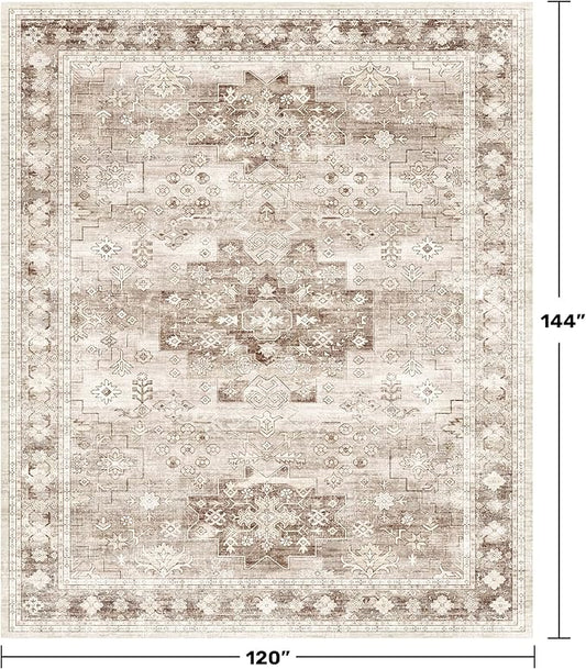 Boho Beige Rug for Living Room - Washable 10x12 Area Rug, Dining Room Rugs for Under Table, Soft Low Pile Carpet for Bedroom - Farmhouse Decor, Non-Slip & Stain Resistance (10x12 Beige/Latte)