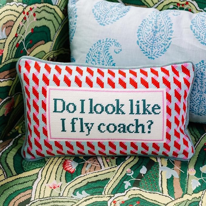 FURBISH Needlepoint Decorative Throw Pillow - Fly Coach - 9"x15" - Small Embroidered Designer Pillow for Living Room, Couch, Sofa, Chair & Bed - Eclectic Home Decor