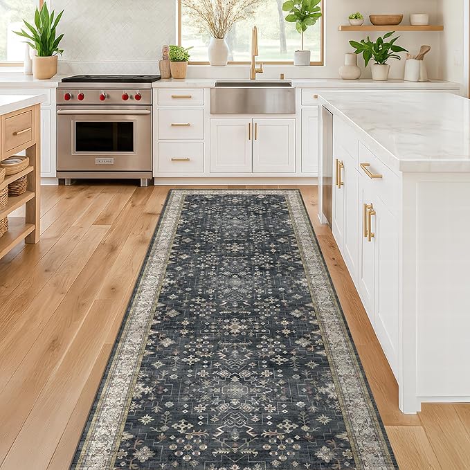 Black 2x7 Long Runner Rugs for Entryway, Throw Runners for Kitchen Hallway, Boho Vintage Floral Decor & Non-Slip Low-Pile Washable Stain Resistant Ashen Charcoal Rug