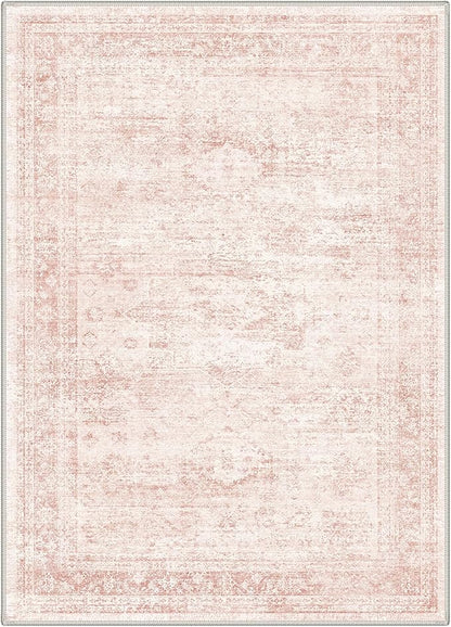 GENIMO 6x9 Area Rugs for Living Room, Machine Washable Non Slip Vintage Rugs, Low Pile Lightweight Chenille Print Rug for Bedroom, Dining Room, Home Office, Pink