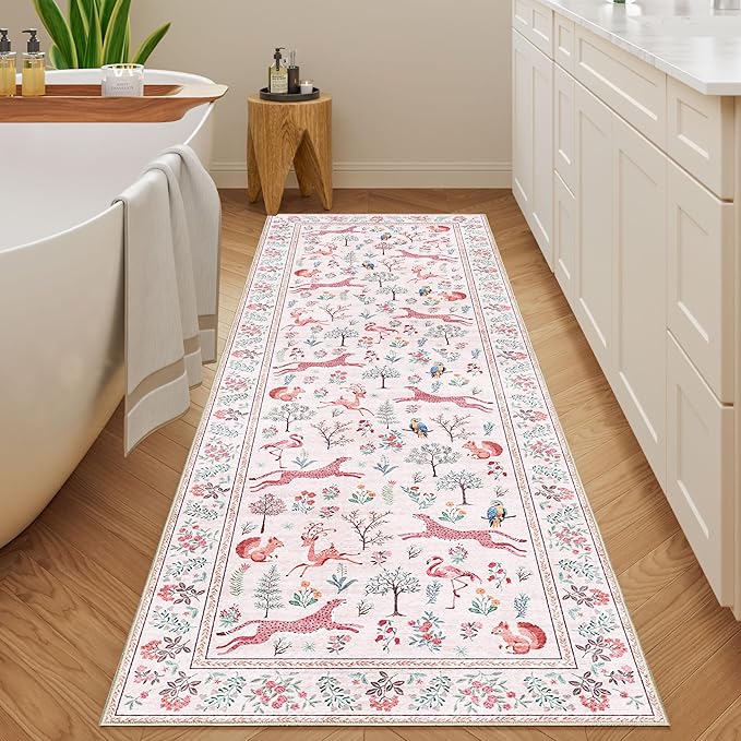 DUKINO 2x6 Rug for Hallway, Washable Kitchen Runner Rug with Non Slip Backing, Soft Low Pile Vintage Animal Runner for Bedroom, Kitchen, Hallway, Entryway, Laundry, Pink