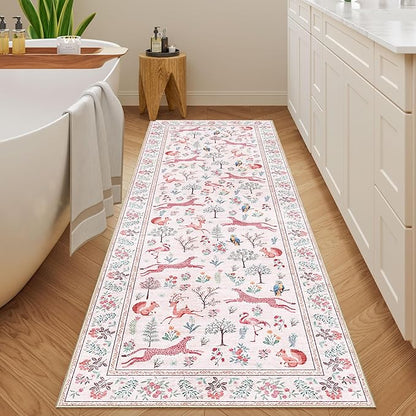 DUKINO 2.6x8 Rug for Hallway, Washable Kitchen Runner Rug with Non Slip Backing, Soft Low Pile Vintage Animal Runner for Bedroom, Kitchen, Hallway, Entryway, Laundry, Pink
