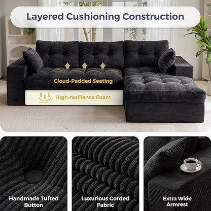 MAXYOYO 104" L Shaped Modular Sectional Sofa with Ottoman, Cloud Boneless Couch with Layered Cushion, Upholstered Sofa Flexible Module Combination for Living Room, No Assembly, Black