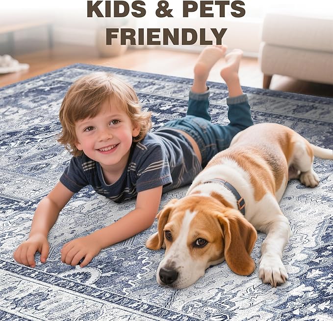 3x5 Rug,Ultra-Thin Washable Rugs for Living Room, Stain Resistant Entryway Rug,Non-Slip Area Rugs, Vintage Small Rugs (Navy/Blue,3'x5')