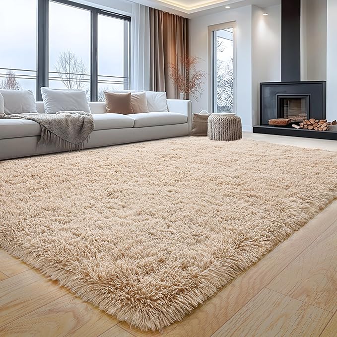 Beige Fluffy Rug for Bedroom, 4x5.9 Feet Neutral Shag Area Rugs for Living Room and Nursery, Soft and Comfy, Fuzzy Carpet for Kids Boys Girls Room Dorm Home Decor Aesthetic, Upgrade Non Slip