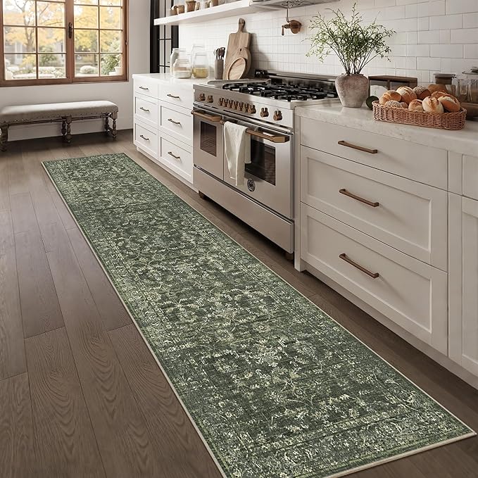 2.6x10 Green Runner Rug Hallway Washable Area Rugs Kitchen Vintage Boho Non Slip Long Rug Floral Carpet Indoor Retro Soft Low Pile Throw Rug for Bedroom Bathroom Laundry Dining Living Room Office