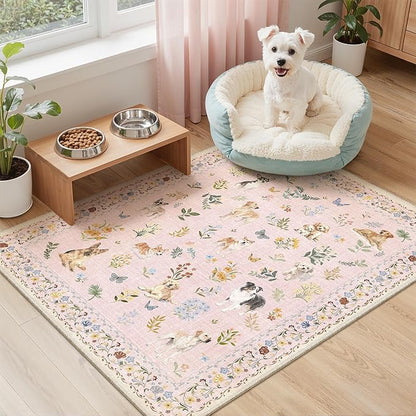 Soalmost 2x3 Dog Rugs for Entryway, Machine Washable Door Mat Animal Floral Small Area Rug Non-Slip Low Pile Soft Throw Rugs for Entrance Kitchen Indoor Front Door Kids Room (2 x 3,Pink)