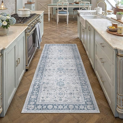 PureCozy 2x6 Runner Rug Blue Washable Hallway Vintage Carpet Kitchen Small Long Non Slip Stain Soft Resistant Low Pile Thin Boho Accent Indoor Throw Rug for Bedroom Laundry Living Room