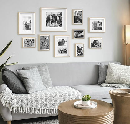 Kate and Laurel Gibson Modern Frame Set; Set of 10; White and Natural Wood; Decorative Photo Gallery Wall Frame Set with Multiple Sizes