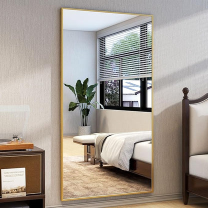 Easly Full Length Mirror with Stand 34"x76" Full Body Mirror Floor Mirror Standing Hanging or Leaning Wall, Wall Mirror with Stand Aluminum Alloy Frame for Living Room Bedroom Cloakroom,Gold
