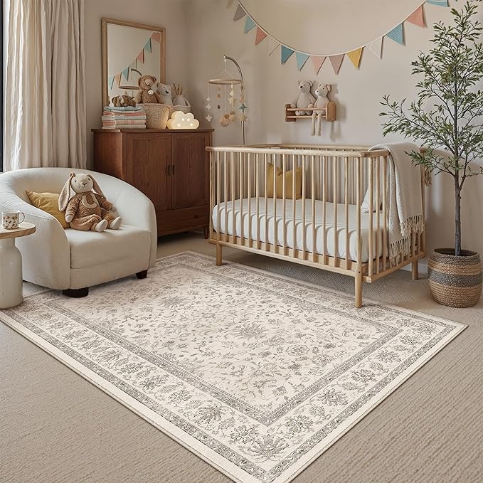 PureCozy 3x5 Area Rug Beige Washable Entryway Vintage Carpet Office Small Non Slip Stain Soft Resistant Low Pile Thin Boho Accent Indoor Throw Rug for Laundry Kitchen Bathroom Entrance Bedroom