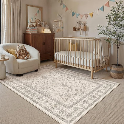 PureCozy 3x5 Area Rug Beige Washable Entryway Vintage Carpet Office Small Non Slip Stain Soft Resistant Low Pile Thin Boho Accent Indoor Throw Rug for Laundry Kitchen Bathroom Entrance Bedroom