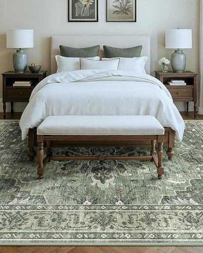 RELEANY Area Rugs 10'x14' Washable Non-Slip, Floral Vintage Distress Print Pattern Medallion Carpet for Living Room Bedroom Dining Room, Dark Green Gray