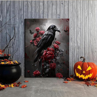 Gothic Canvas Wall Art Set of 3, Romantic Rose Halloween Wall Decor Paintings, Dark Goth Crow Skull Posters Prints for Bathroom Living Room Gallery Home Decor 16x24In Framed