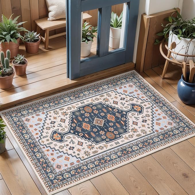 Tangsoo Vintage 2x3 Entry Washable Rug for Entryway,Indoor Door Rug Small Throw Mat Blue Beige Low Pile Soft Entryway Carpet for Front Porch Entrance Kitchen