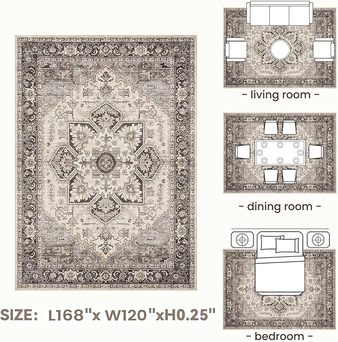 Area Rug for Living Room - 10x14 Soft Machine Washable Oriental Vintage Floral Distressed Large Indoor Floor Carpet for Bedroom Under Dining Table Home Office Decor - Grey Brown