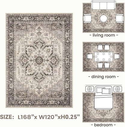Area Rug for Living Room - 10x14 Soft Machine Washable Oriental Vintage Floral Distressed Large Indoor Floor Carpet for Bedroom Under Dining Table Home Office Decor - Grey Brown